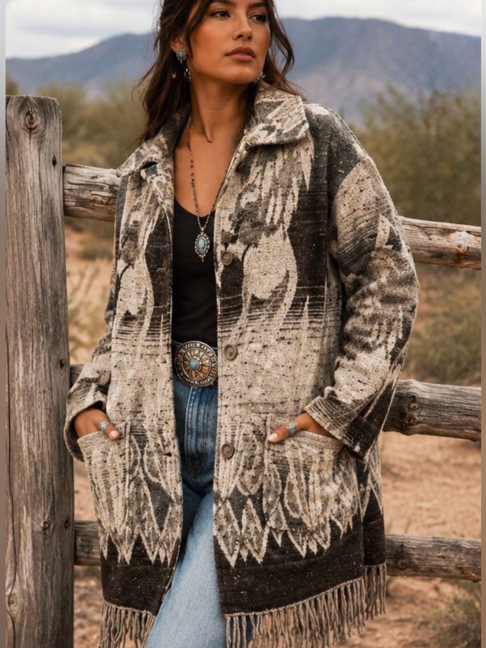 Southwestern/ Boho Oversized Wool-Blend Coat